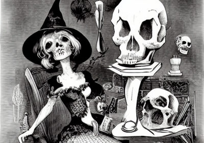 1106957925_A__clam__a_sexy_witch__a_scroll_of_music__a_beaker_of_eyeballs__a_stuffed_vulture__a_bull_s_pizzle__and_a_skull_on_a_desk__Victorian_black_and_white_etching