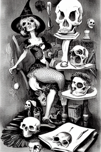 1106957925_A__clam__a_sexy_witch__a_scroll_of_music__a_beaker_of_eyeballs__a_stuffed_vulture__a_bull_s_pizzle__and_a_skull_on_a_desk__Victorian_black_and_white_etching